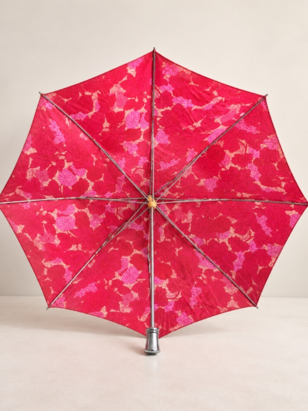Vintage 60s 70s Pink Red Floral Folding Umbrella Retro Working